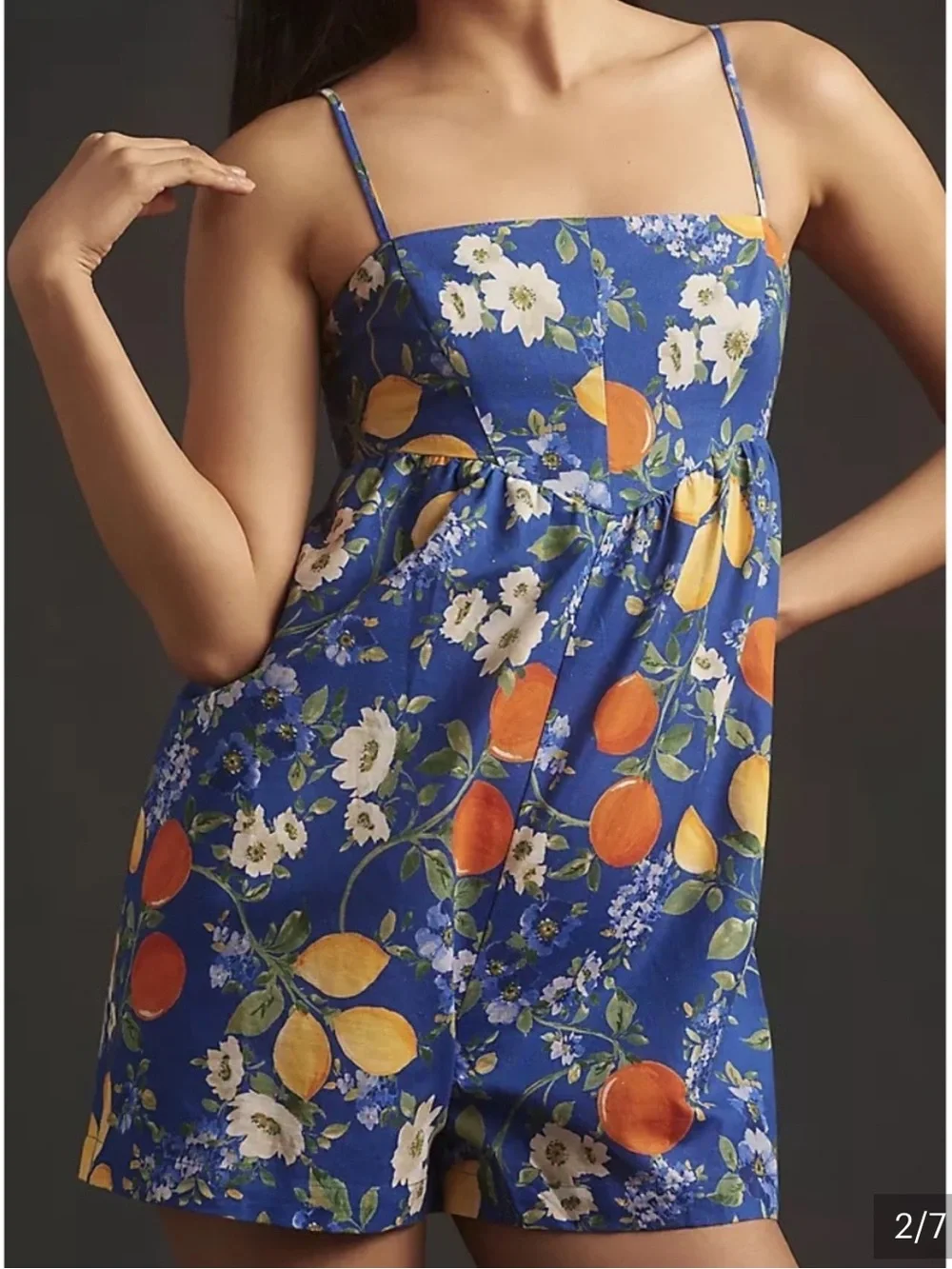Corey Lynn Calter x Anthropologie Sadie Linen Romper Fruit Print Blue medium - Picture 2 of 5